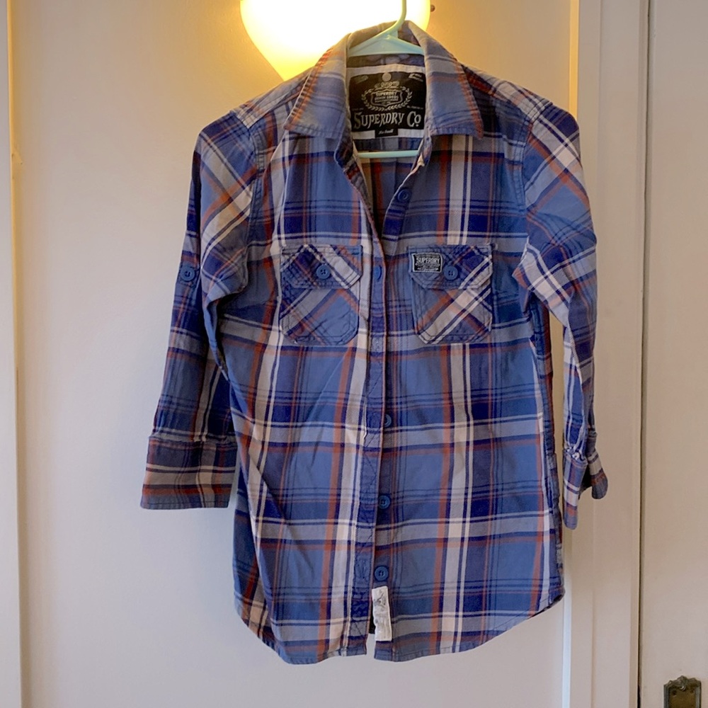 Superdry flannel shirt in size small. Cotton in blue, rust and crème plaid.